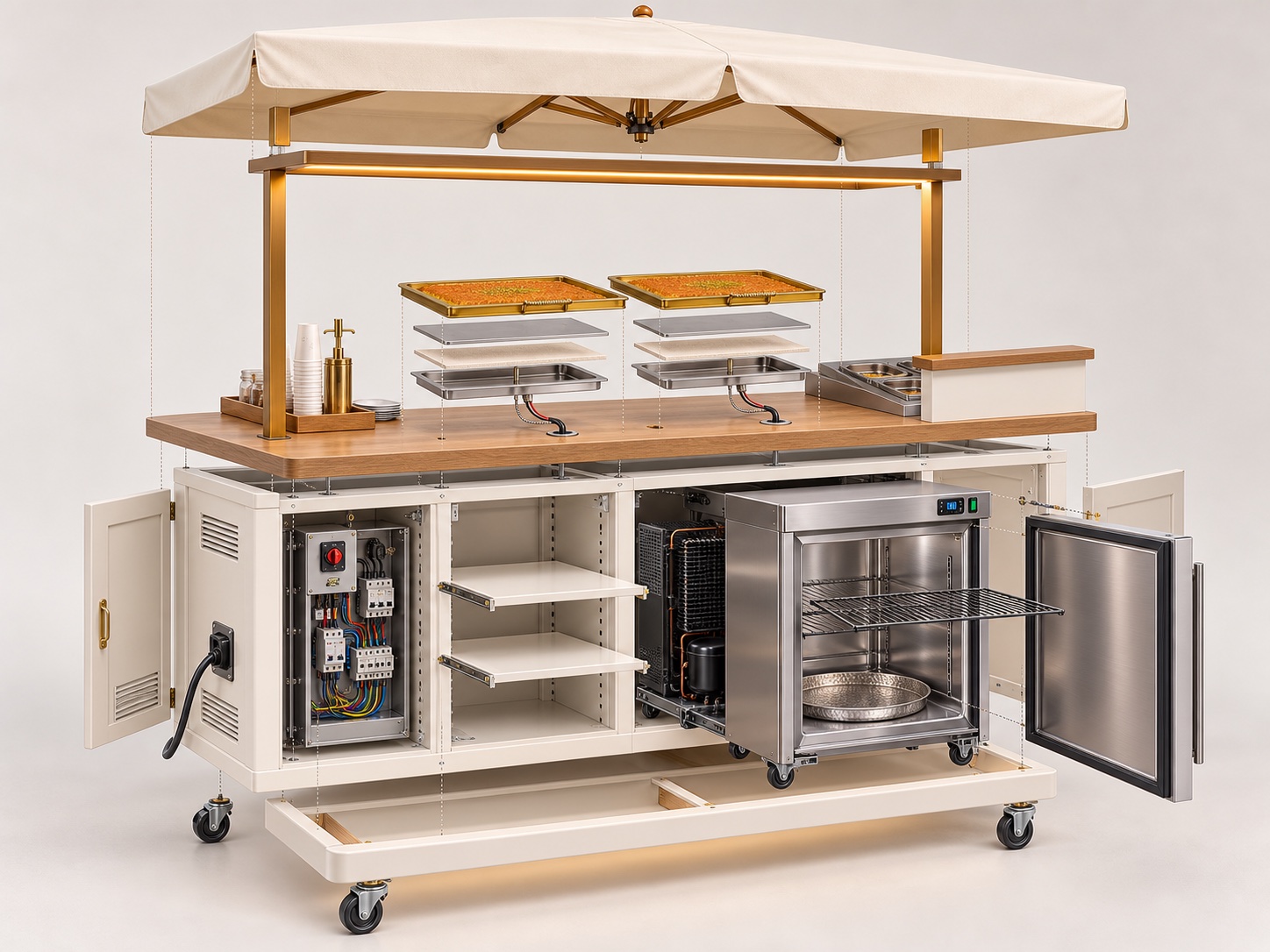 Exploded service-side view showing the cart storage, refrigeration and electrical system