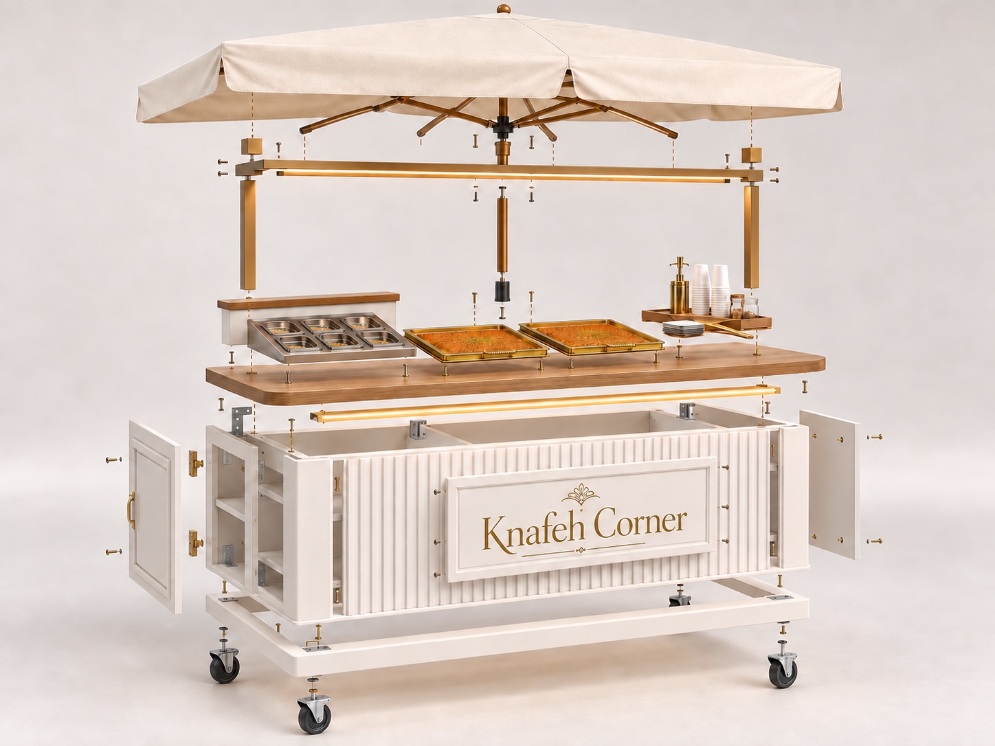 Exploded front view showing the cart canopy, counter, trays and cabinetry