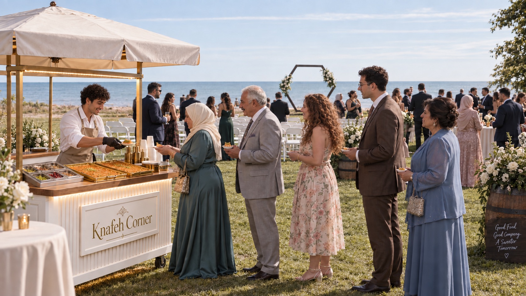 A lakeside wedding cocktail hour with warm knafeh service