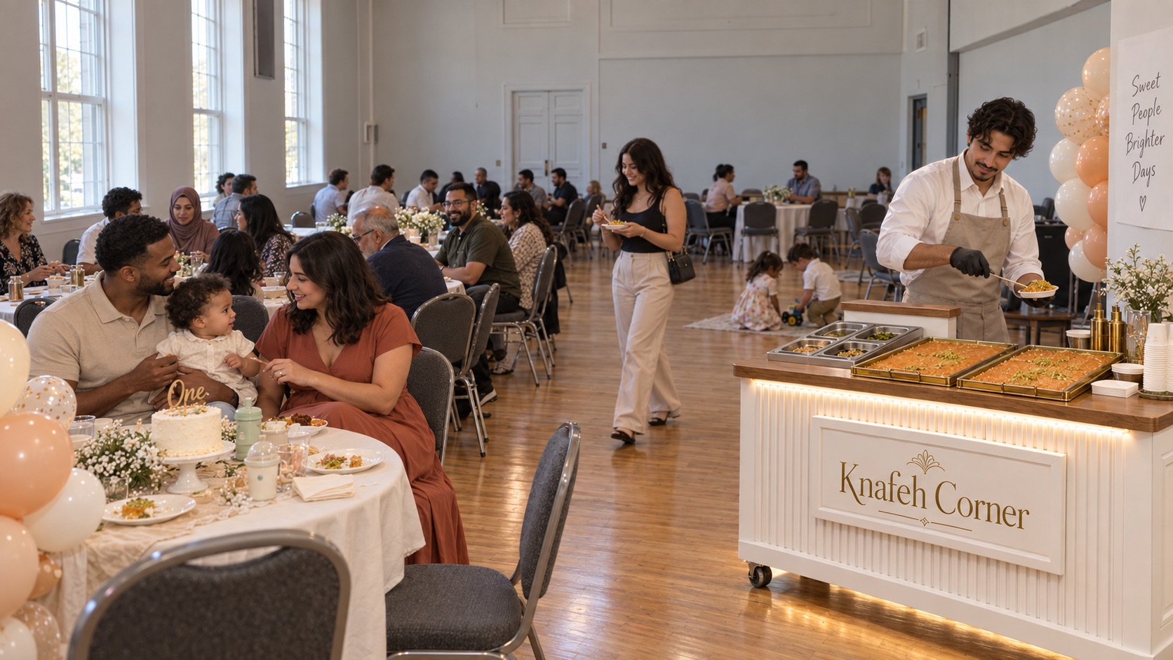 A first birthday celebration with families and a live knafeh station