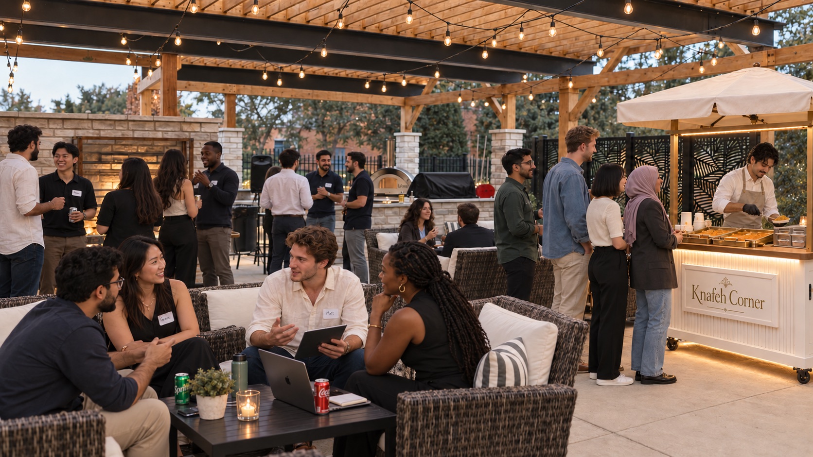 A relaxed outdoor networking evening on a covered patio